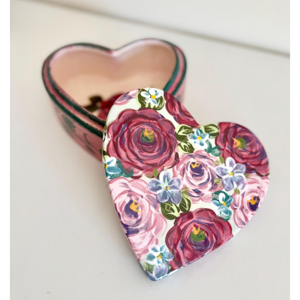 Vintage Lesal Ceramics 6" Heart Trinket Box: Floral Pottery Dish - Picture 6 of 6